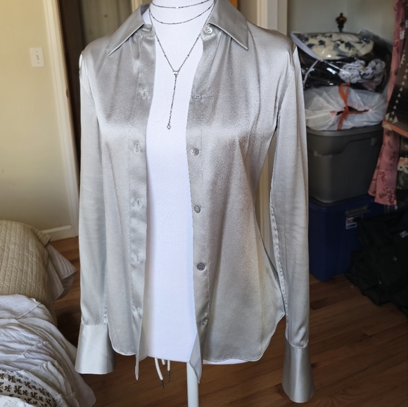Silver Satin Button Up - Picture 2 of 7